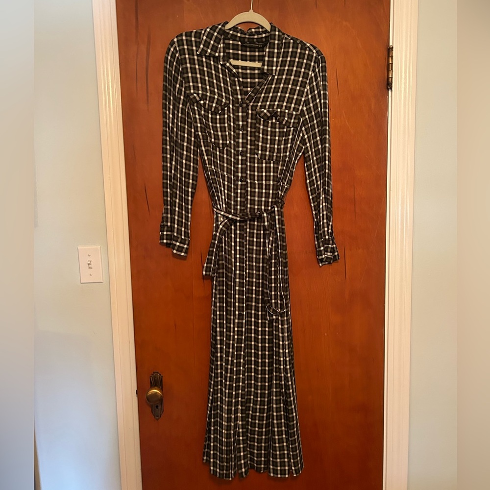 Zara Plaid Green and White Maxi Shirt Dress with Tie Waist
